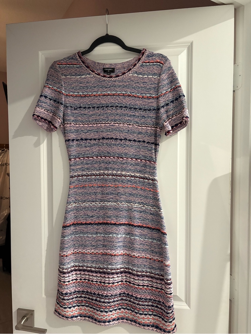 CHANEL Striped Knit Short-Sleeve Mini Dress — Pink, Blue, Cream